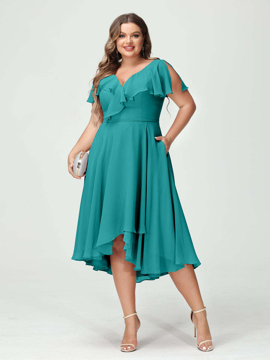 Plus Size Chiffon Bridesmaid Dress with V-Neck, Short Sleeves, and High-Low A-Line/Princess Silhouette featuring Pockets & Ruffles-BMbridal.UK
