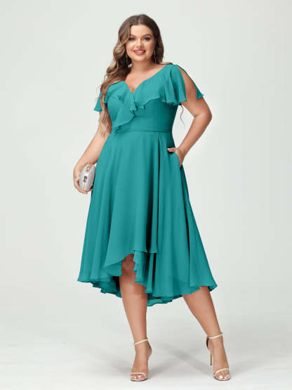 Plus Size Chiffon Bridesmaid Dress with V-Neck, Short Sleeves, and High-Low A-Line/Princess Silhouette featuring Pockets & Ruffles-BMbridal.UK