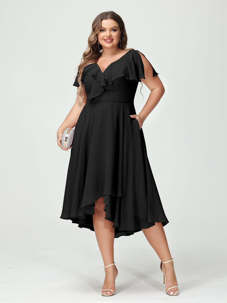 Plus Size Chiffon Bridesmaid Dress with V-Neck, Short Sleeves, and High-Low A-Line/Princess Silhouette featuring Pockets & Ruffles-BMbridal.UK