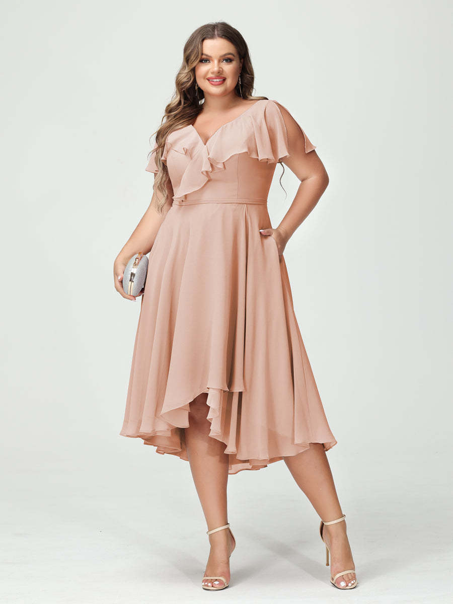 Plus Size Chiffon Bridesmaid Dress with V-Neck, Short Sleeves, and High-Low A-Line/Princess Silhouette featuring Pockets & Ruffles-BMbridal.UK