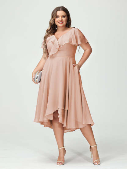 Plus Size Chiffon Bridesmaid Dress with V-Neck, Short Sleeves, and High-Low A-Line/Princess Silhouette featuring Pockets & Ruffles-BMbridal.UK