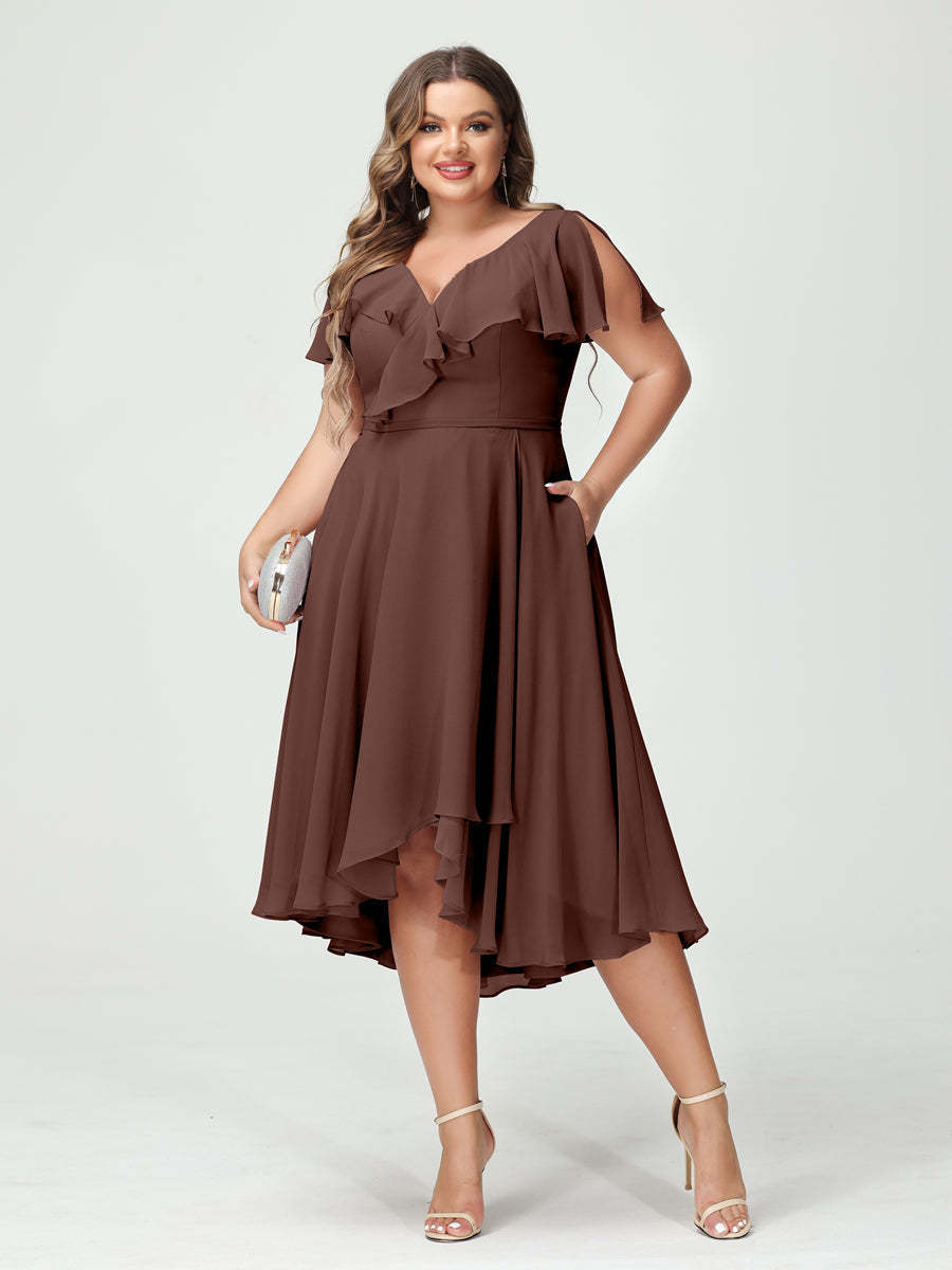 Plus Size Chiffon Bridesmaid Dress with V-Neck, Short Sleeves, and High-Low A-Line/Princess Silhouette featuring Pockets & Ruffles-BMbridal.UK