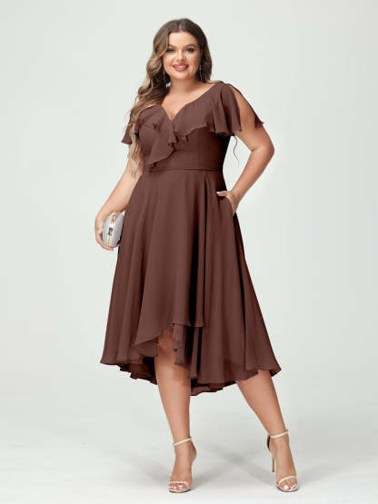 Plus Size Chiffon Bridesmaid Dress with V-Neck, Short Sleeves, and High-Low A-Line/Princess Silhouette featuring Pockets & Ruffles-BMbridal.UK