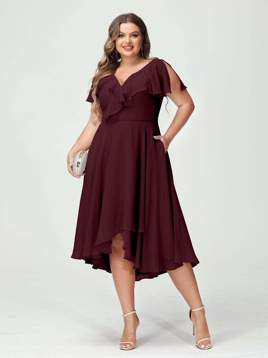 Plus Size Chiffon Bridesmaid Dress with V-Neck, Short Sleeves, and High-Low A-Line/Princess Silhouette featuring Pockets & Ruffles-BMbridal.UK