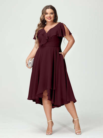 Plus Size Chiffon Bridesmaid Dress with V-Neck, Short Sleeves, and High-Low A-Line/Princess Silhouette featuring Pockets & Ruffles-BMbridal.UK