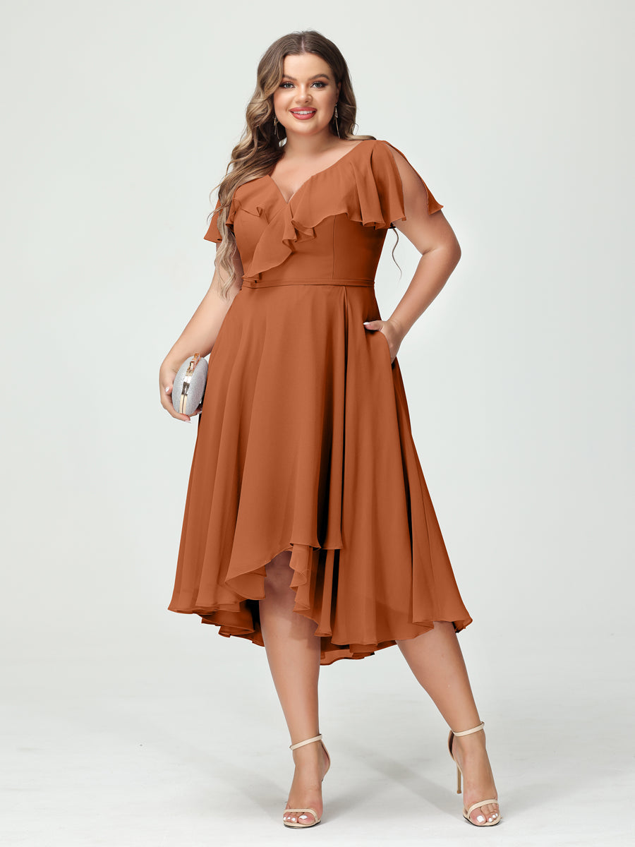 Plus Size Chiffon Bridesmaid Dress with V-Neck, Short Sleeves, and High-Low A-Line/Princess Silhouette featuring Pockets & Ruffles-BMbridal.UK