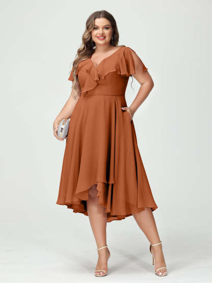 Plus Size Chiffon Bridesmaid Dress with V-Neck, Short Sleeves, and High-Low A-Line/Princess Silhouette featuring Pockets & Ruffles-BMbridal.UK