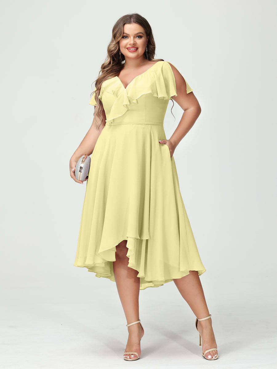 Plus Size Chiffon Bridesmaid Dress with V-Neck, Short Sleeves, and High-Low A-Line/Princess Silhouette featuring Pockets & Ruffles-BMbridal.UK
