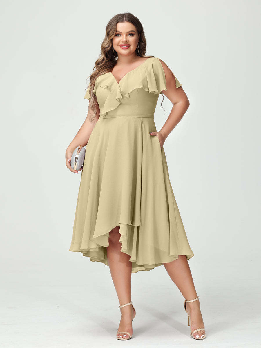 Plus Size Chiffon Bridesmaid Dress with V-Neck, Short Sleeves, and High-Low A-Line/Princess Silhouette featuring Pockets & Ruffles-BMbridal.UK