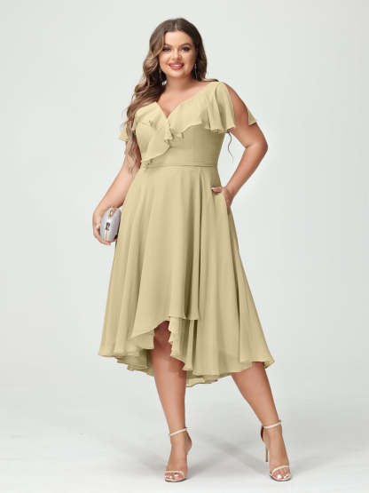 Plus Size Chiffon Bridesmaid Dress with V-Neck, Short Sleeves, and High-Low A-Line/Princess Silhouette featuring Pockets & Ruffles-BMbridal.UK