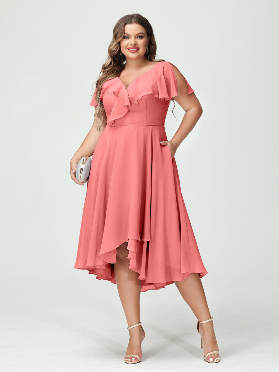 Plus Size Chiffon Bridesmaid Dress with V-Neck, Short Sleeves, and High-Low A-Line/Princess Silhouette featuring Pockets & Ruffles-BMbridal.UK
