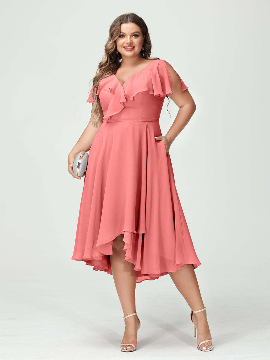 Plus Size Chiffon Bridesmaid Dress with V-Neck, Short Sleeves, and High-Low A-Line/Princess Silhouette featuring Pockets & Ruffles-BMbridal.UK