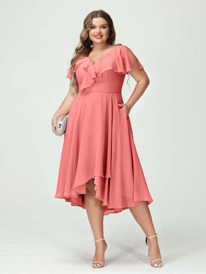 Plus Size Chiffon Bridesmaid Dress with V-Neck, Short Sleeves, and High-Low A-Line/Princess Silhouette featuring Pockets & Ruffles-BMbridal.UK