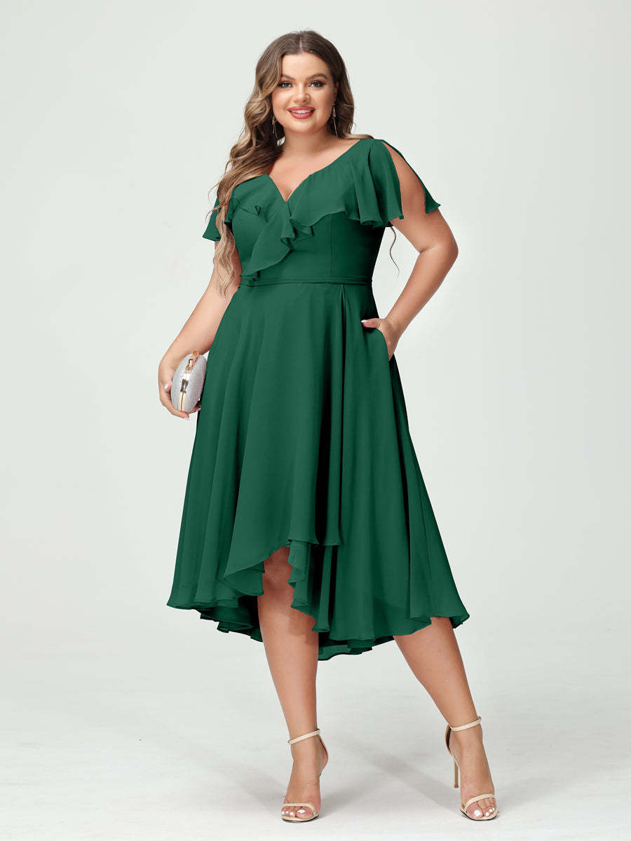 Plus Size Chiffon Bridesmaid Dress with V-Neck, Short Sleeves, and High-Low A-Line/Princess Silhouette featuring Pockets & Ruffles-BMbridal.UK
