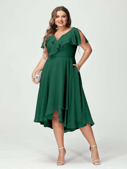 Plus Size Chiffon Bridesmaid Dress with V-Neck, Short Sleeves, and High-Low A-Line/Princess Silhouette featuring Pockets & Ruffles-BMbridal.UK