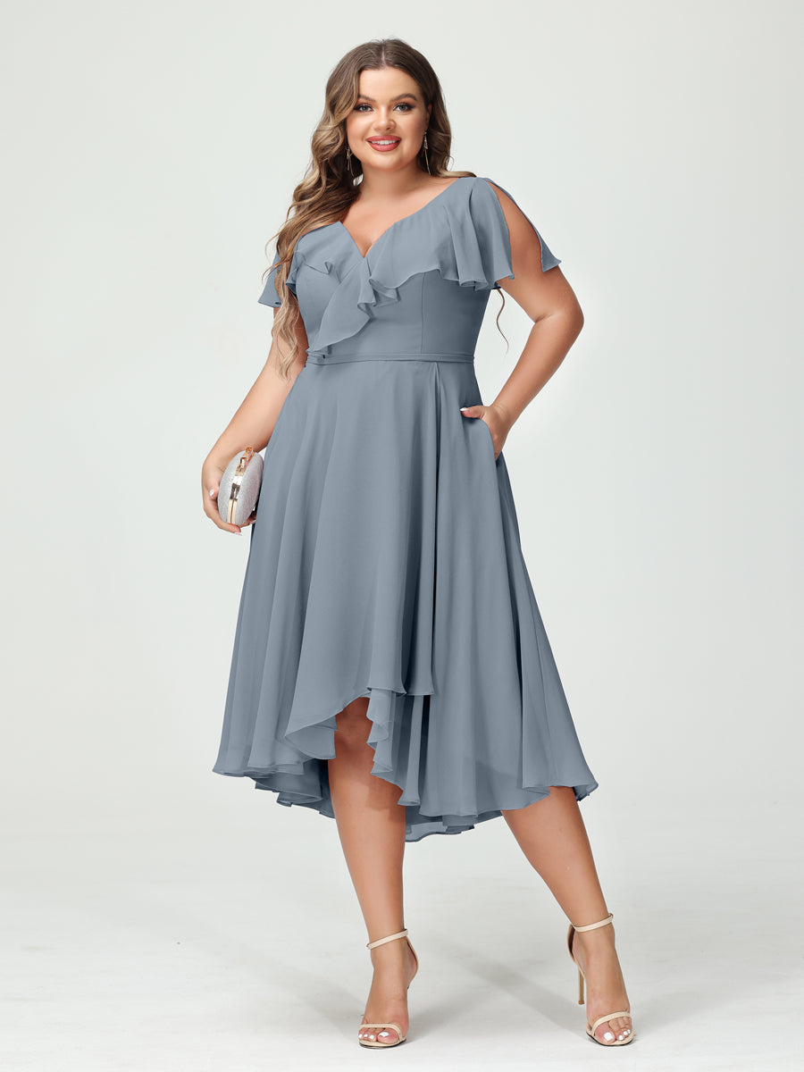 Plus Size Chiffon Bridesmaid Dress with V-Neck, Short Sleeves, and High-Low A-Line/Princess Silhouette featuring Pockets & Ruffles-BMbridal.UK