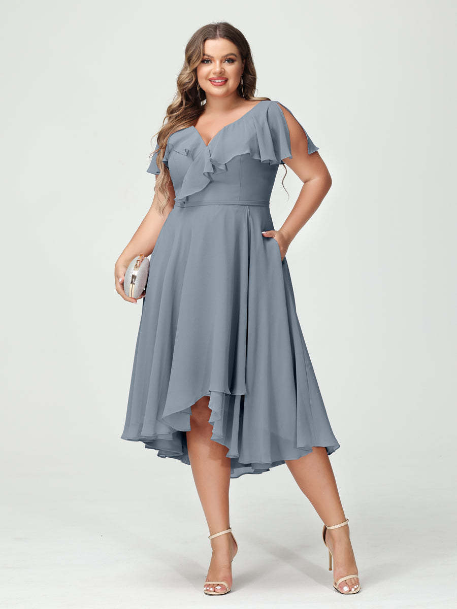 Plus Size Chiffon Bridesmaid Dress with V-Neck, Short Sleeves, and High-Low A-Line/Princess Silhouette featuring Pockets & Ruffles-BMbridal.UK