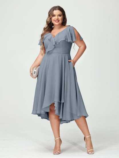 Plus Size Chiffon Bridesmaid Dress with V-Neck, Short Sleeves, and High-Low A-Line/Princess Silhouette featuring Pockets & Ruffles-BMbridal.UK