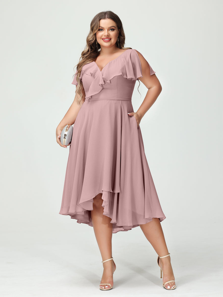 Plus Size Chiffon Bridesmaid Dress with V-Neck, Short Sleeves, and High-Low A-Line/Princess Silhouette featuring Pockets & Ruffles-BMbridal.UK
