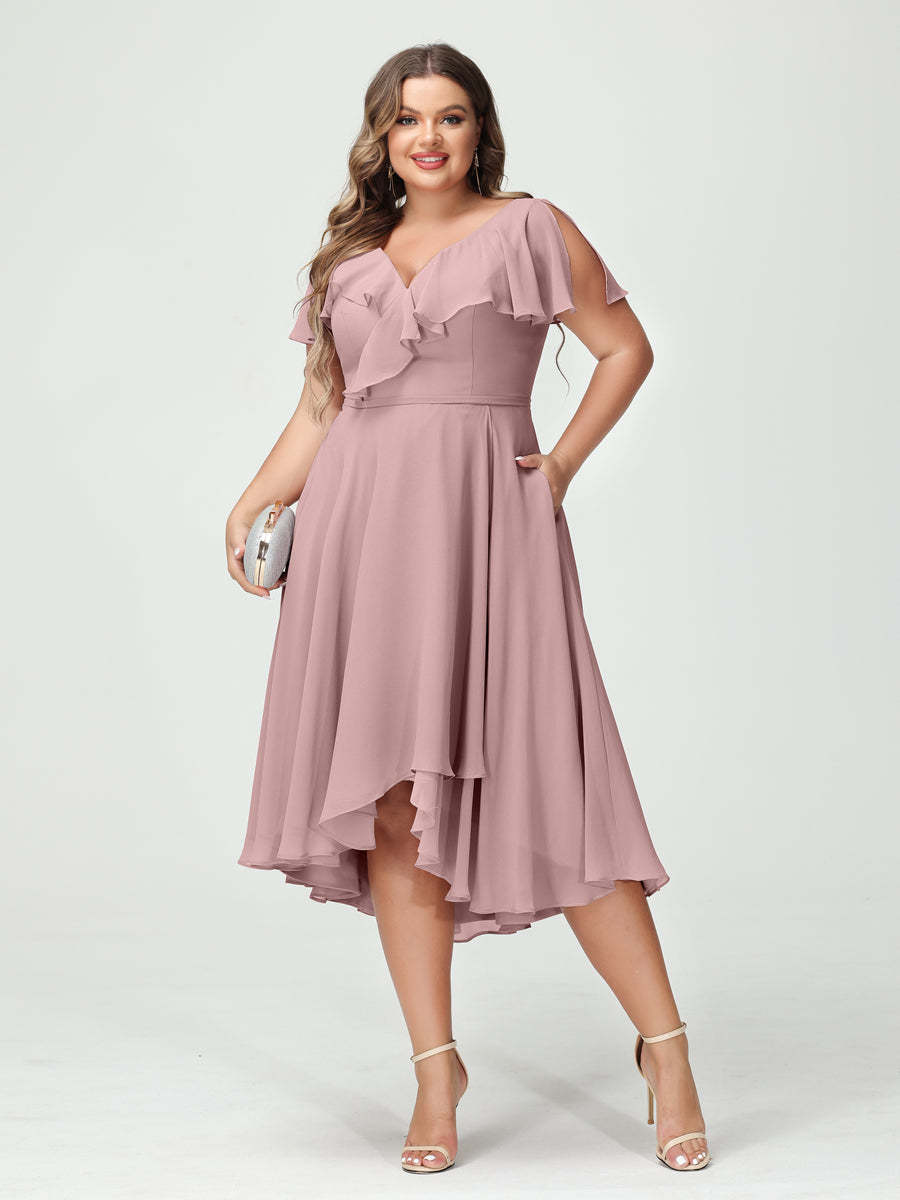 Plus Size Chiffon Bridesmaid Dress with V-Neck, Short Sleeves, and High-Low A-Line/Princess Silhouette featuring Pockets & Ruffles-BMbridal.UK