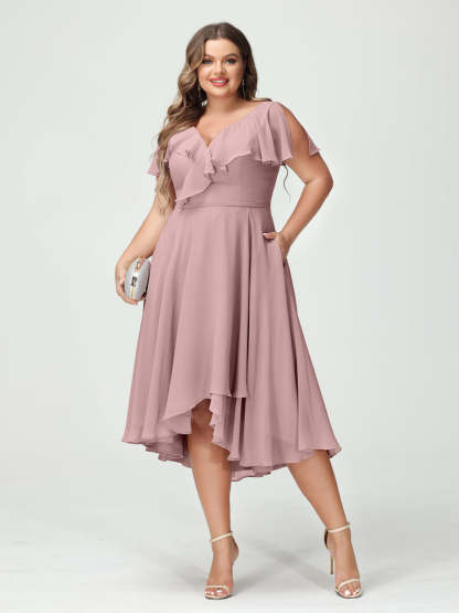 Plus Size Chiffon Bridesmaid Dress with V-Neck, Short Sleeves, and High-Low A-Line/Princess Silhouette featuring Pockets & Ruffles-BMbridal.UK