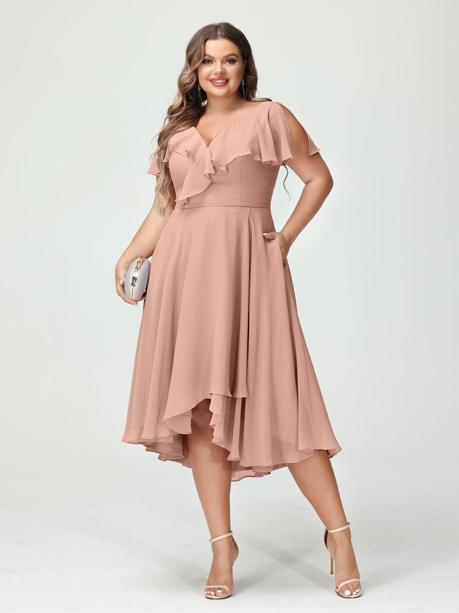 Plus Size Chiffon Bridesmaid Dress with V-Neck, Short Sleeves, and High-Low A-Line/Princess Silhouette featuring Pockets & Ruffles-BMbridal.UK