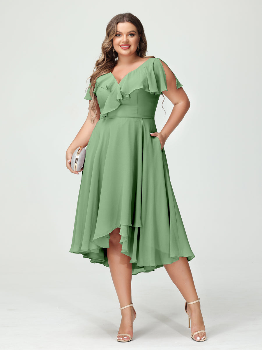 Plus Size Chiffon Bridesmaid Dress with V-Neck, Short Sleeves, and High-Low A-Line/Princess Silhouette featuring Pockets & Ruffles-BMbridal.UK