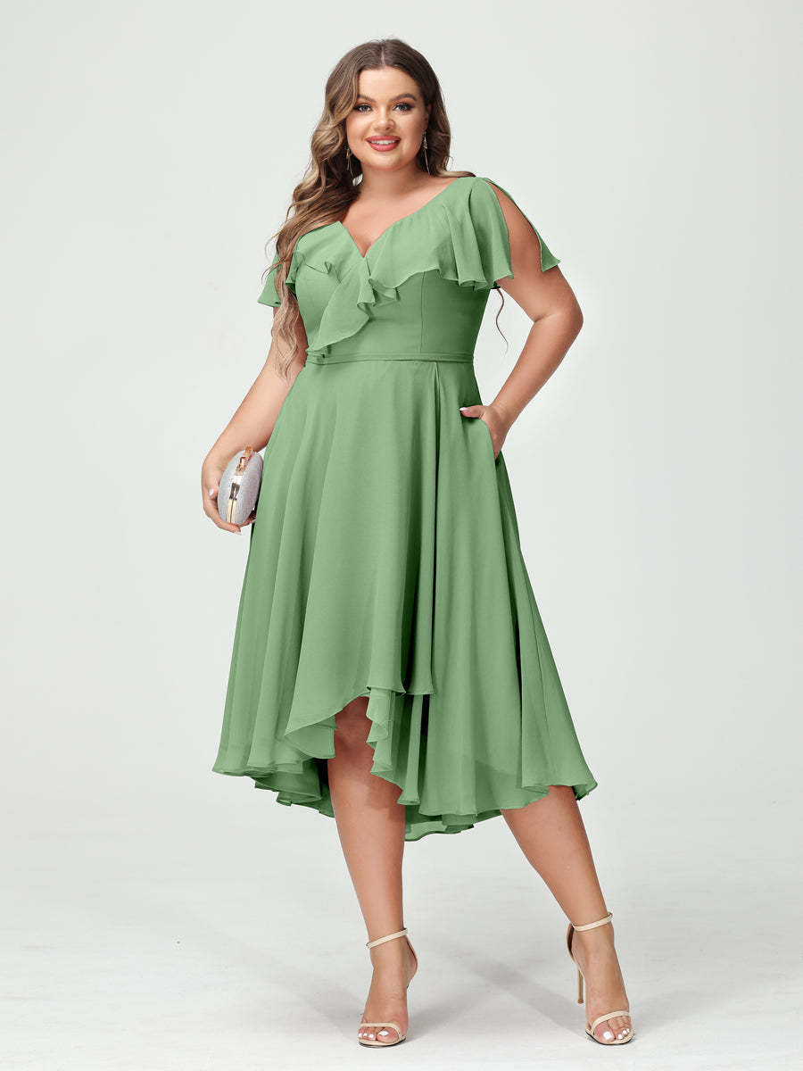 Plus Size Chiffon Bridesmaid Dress with V-Neck, Short Sleeves, and High-Low A-Line/Princess Silhouette featuring Pockets & Ruffles-BMbridal.UK