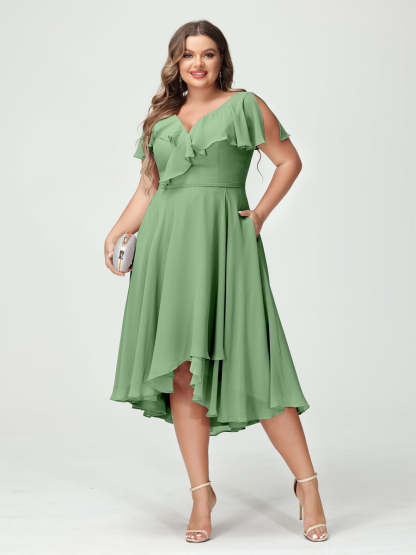Plus Size Chiffon Bridesmaid Dress with V-Neck, Short Sleeves, and High-Low A-Line/Princess Silhouette featuring Pockets & Ruffles-BMbridal.UK