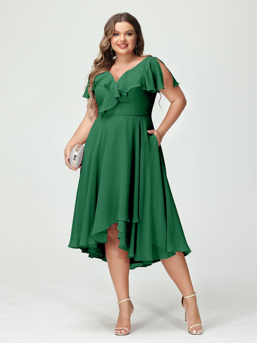 Plus Size Chiffon Bridesmaid Dress with V-Neck, Short Sleeves, and High-Low A-Line/Princess Silhouette featuring Pockets & Ruffles-BMbridal.UK