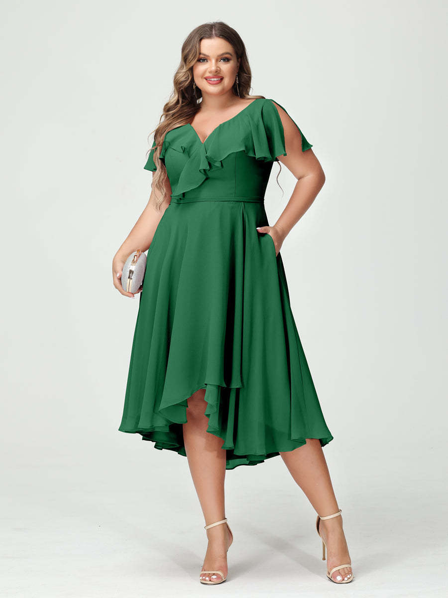Plus Size Chiffon Bridesmaid Dress with V-Neck, Short Sleeves, and High-Low A-Line/Princess Silhouette featuring Pockets & Ruffles-BMbridal.UK