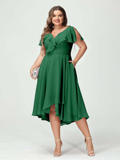 Plus Size Chiffon Bridesmaid Dress with V-Neck, Short Sleeves, and High-Low A-Line/Princess Silhouette featuring Pockets & Ruffles-BMbridal.UK