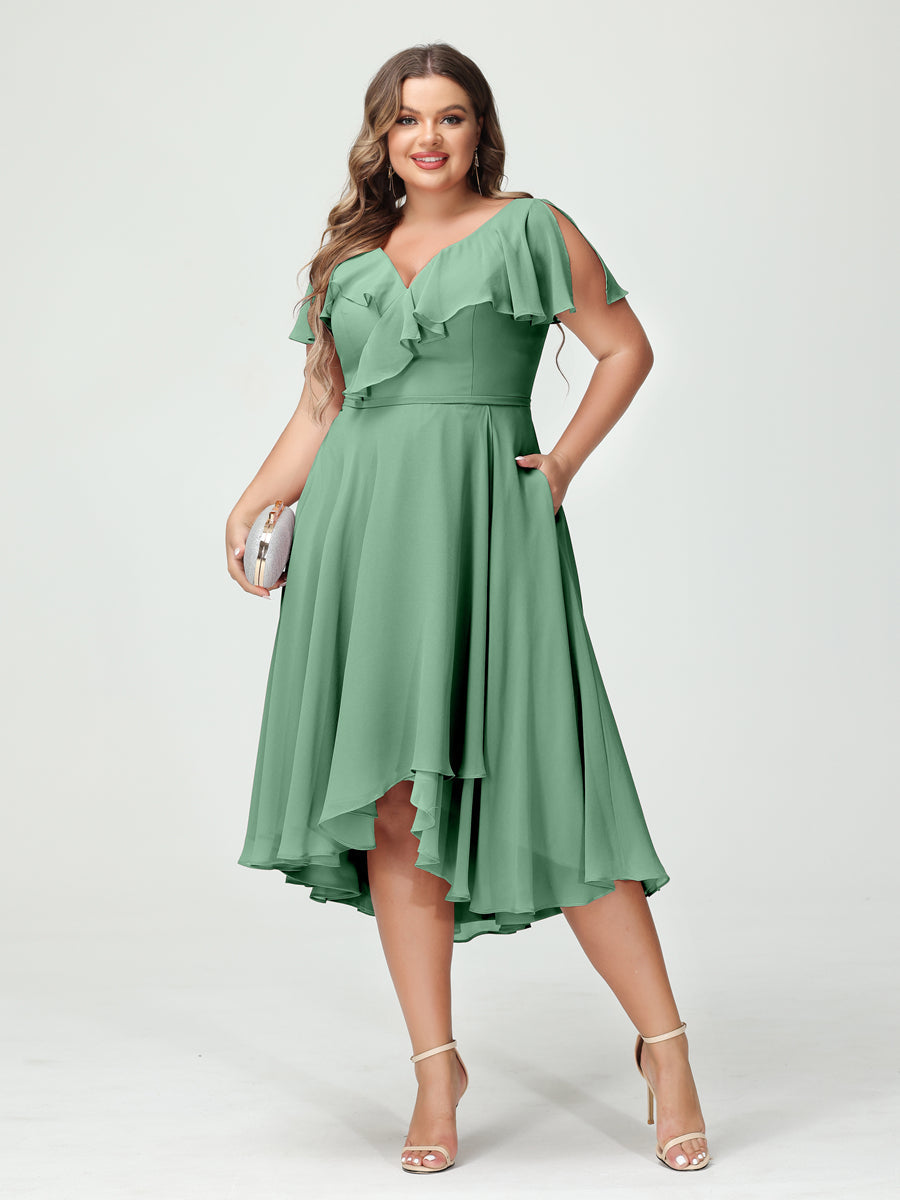 Plus Size Chiffon Bridesmaid Dress with V-Neck, Short Sleeves, and High-Low A-Line/Princess Silhouette featuring Pockets & Ruffles-BMbridal.UK