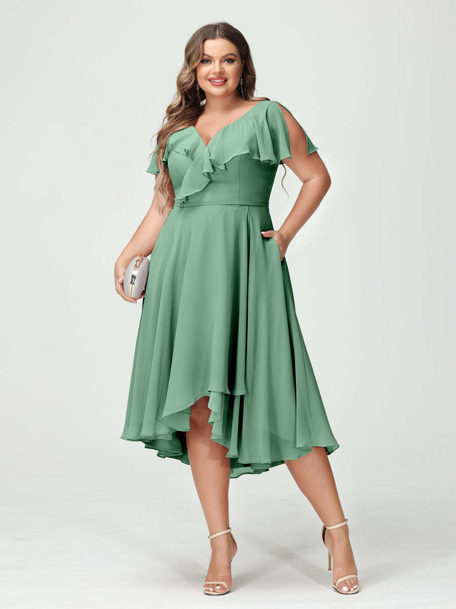 Plus Size Chiffon Bridesmaid Dress with V-Neck, Short Sleeves, and High-Low A-Line/Princess Silhouette featuring Pockets & Ruffles-BMbridal.UK