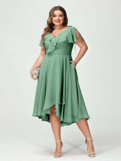 Plus Size Chiffon Bridesmaid Dress with V-Neck, Short Sleeves, and High-Low A-Line/Princess Silhouette featuring Pockets & Ruffles-BMbridal.UK