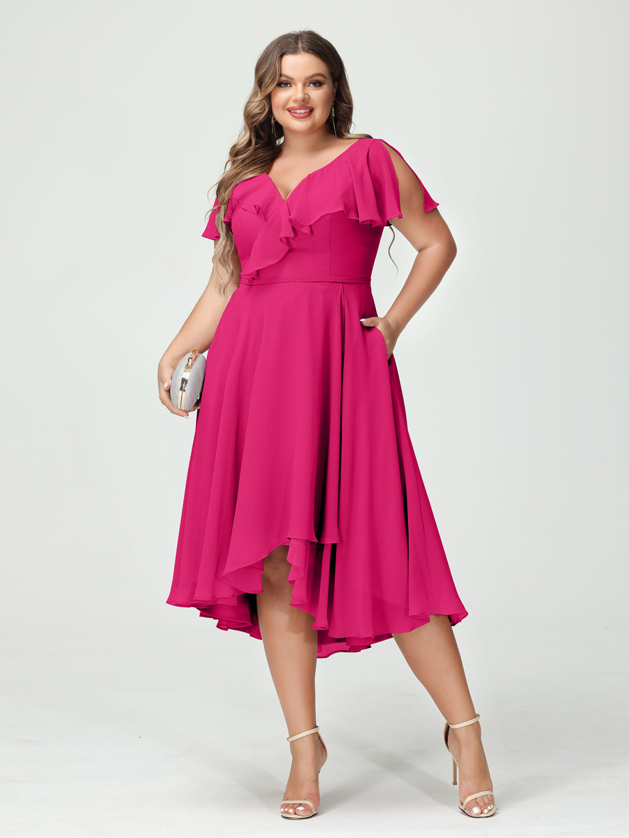 Plus Size Chiffon Bridesmaid Dress with V-Neck, Short Sleeves, and High-Low A-Line/Princess Silhouette featuring Pockets & Ruffles-BMbridal.UK