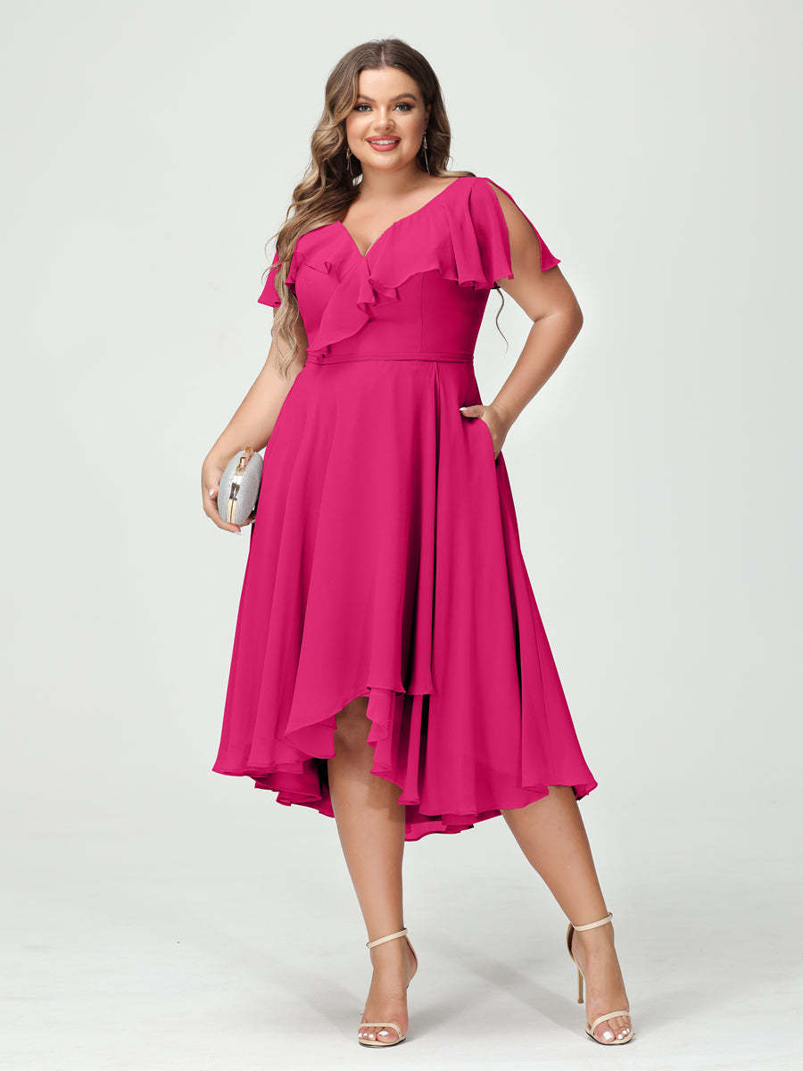 Plus Size Chiffon Bridesmaid Dress with V-Neck, Short Sleeves, and High-Low A-Line/Princess Silhouette featuring Pockets & Ruffles-BMbridal.UK