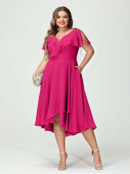 Plus Size Chiffon Bridesmaid Dress with V-Neck, Short Sleeves, and High-Low A-Line/Princess Silhouette featuring Pockets & Ruffles-BMbridal.UK