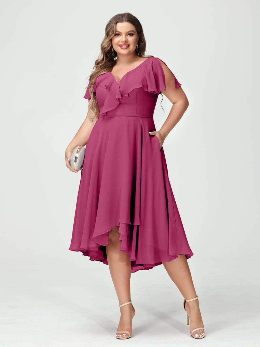 Plus Size Chiffon Bridesmaid Dress with V-Neck, Short Sleeves, and High-Low A-Line/Princess Silhouette featuring Pockets & Ruffles-BMbridal.UK