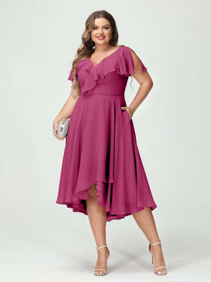 Plus Size Chiffon Bridesmaid Dress with V-Neck, Short Sleeves, and High-Low A-Line/Princess Silhouette featuring Pockets & Ruffles-BMbridal.UK