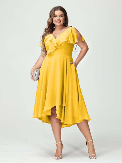 Plus Size Chiffon Bridesmaid Dress with V-Neck, Short Sleeves, and High-Low A-Line/Princess Silhouette featuring Pockets & Ruffles-BMbridal.UK