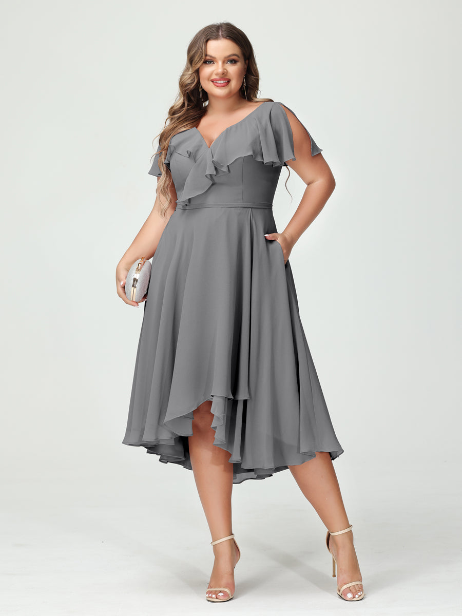 Plus Size Chiffon Bridesmaid Dress with V-Neck, Short Sleeves, and High-Low A-Line/Princess Silhouette featuring Pockets & Ruffles-BMbridal.UK