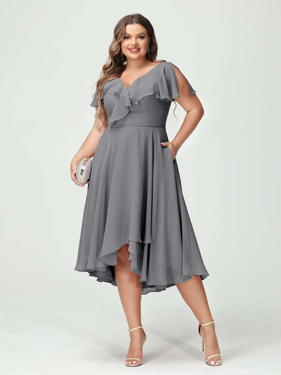 Plus Size Chiffon Bridesmaid Dress with V-Neck, Short Sleeves, and High-Low A-Line/Princess Silhouette featuring Pockets & Ruffles-BMbridal.UK