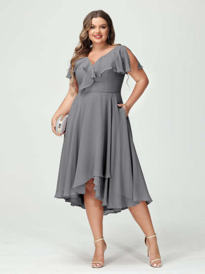 Plus Size Chiffon Bridesmaid Dress with V-Neck, Short Sleeves, and High-Low A-Line/Princess Silhouette featuring Pockets & Ruffles-BMbridal.UK