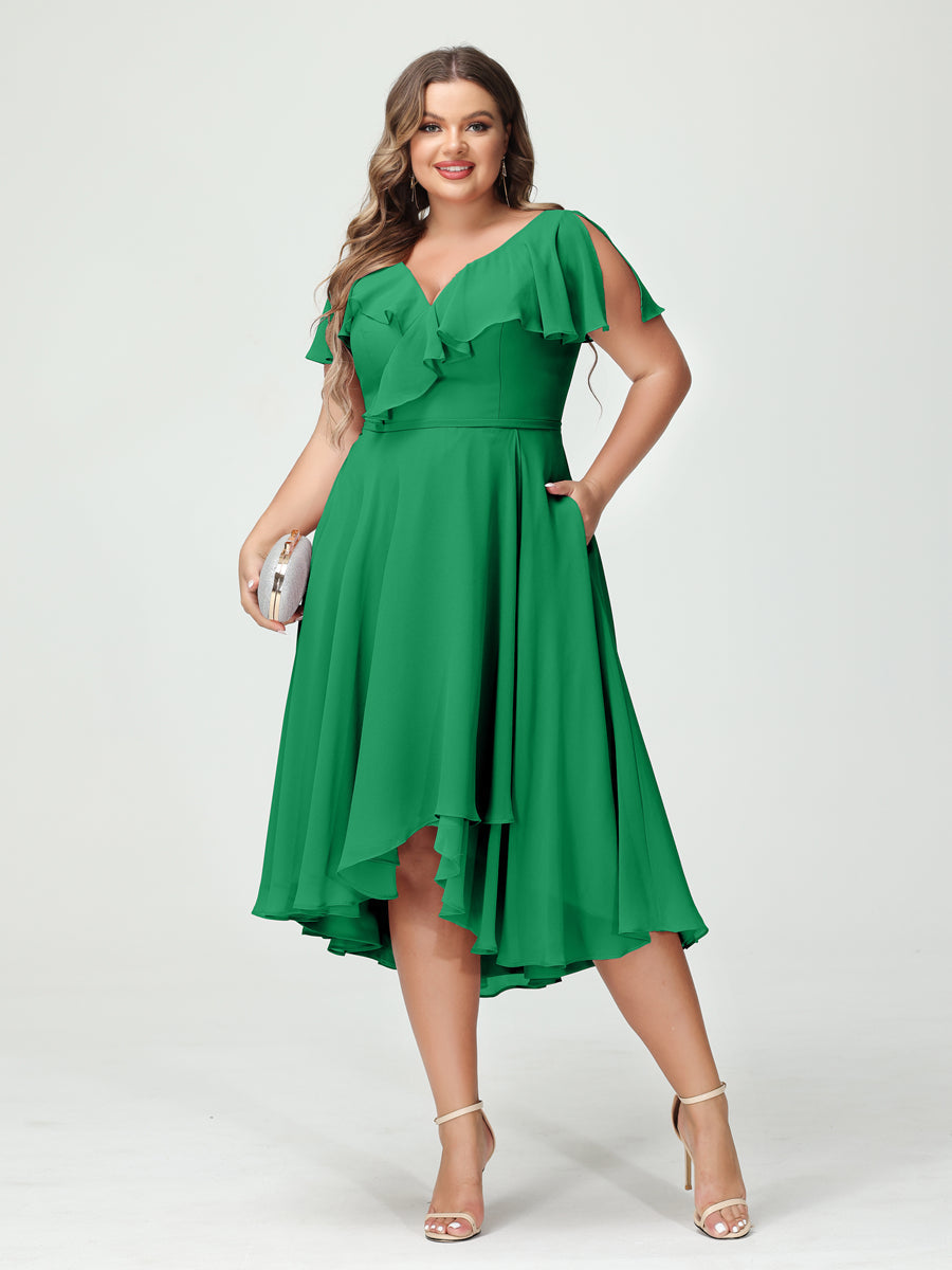 Plus Size Chiffon Bridesmaid Dress with V-Neck, Short Sleeves, and High-Low A-Line/Princess Silhouette featuring Pockets & Ruffles-BMbridal.UK