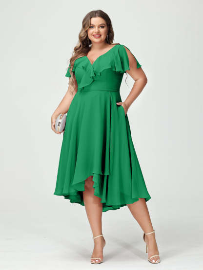 Plus Size Chiffon Bridesmaid Dress with V-Neck, Short Sleeves, and High-Low A-Line/Princess Silhouette featuring Pockets & Ruffles-BMbridal.UK