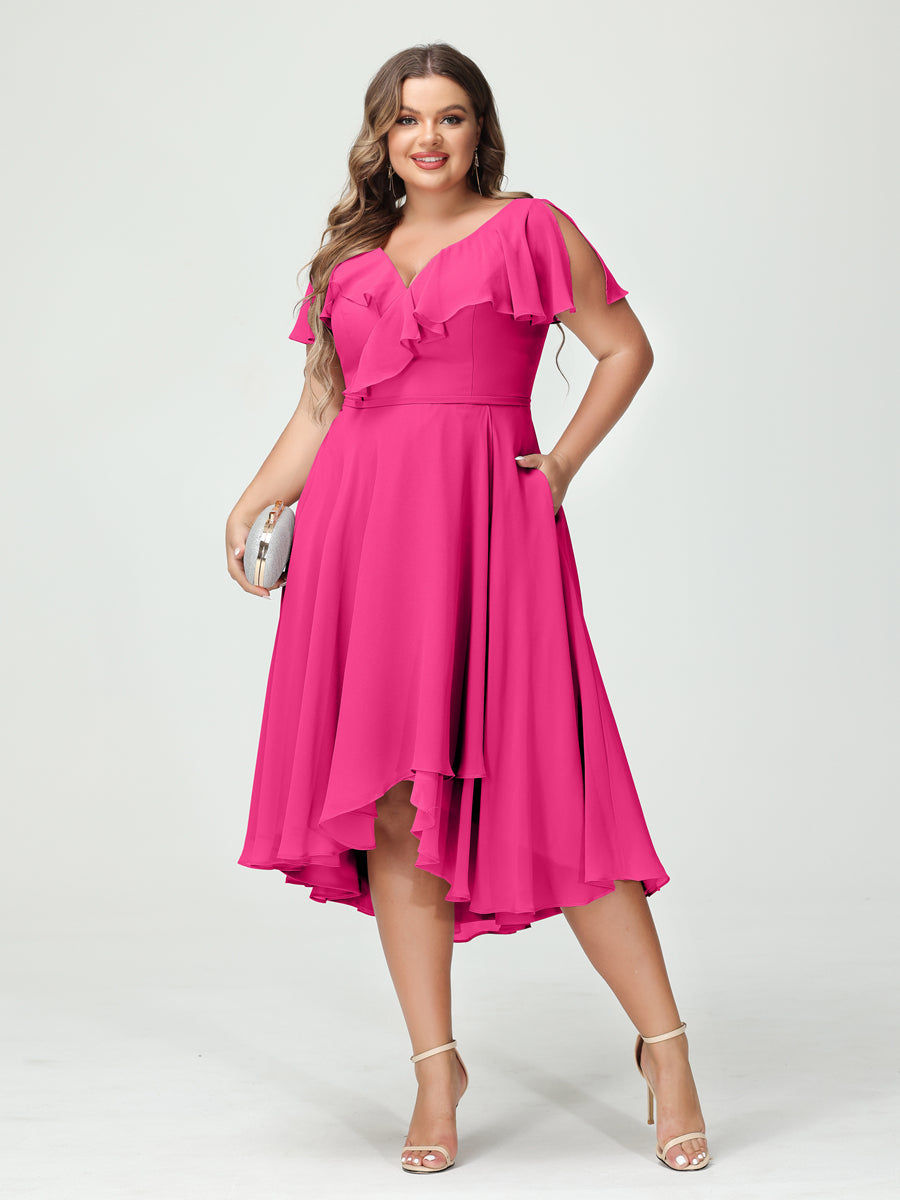 Plus Size Chiffon Bridesmaid Dress with V-Neck, Short Sleeves, and High-Low A-Line/Princess Silhouette featuring Pockets & Ruffles-BMbridal.UK