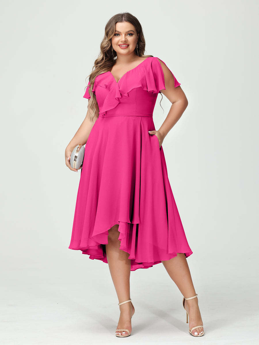 Plus Size Chiffon Bridesmaid Dress with V-Neck, Short Sleeves, and High-Low A-Line/Princess Silhouette featuring Pockets & Ruffles-BMbridal.UK