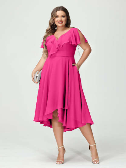 Plus Size Chiffon Bridesmaid Dress with V-Neck, Short Sleeves, and High-Low A-Line/Princess Silhouette featuring Pockets & Ruffles-BMbridal.UK