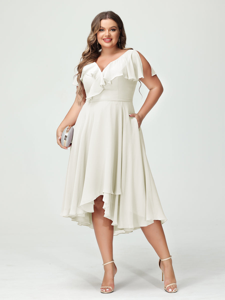 Plus Size Chiffon Bridesmaid Dress with V-Neck, Short Sleeves, and High-Low A-Line/Princess Silhouette featuring Pockets & Ruffles-BMbridal.UK